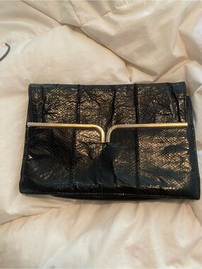 Vtg Black Snakeskin Fold-Over Clutch with Gold Accent 60s glam boho festival
